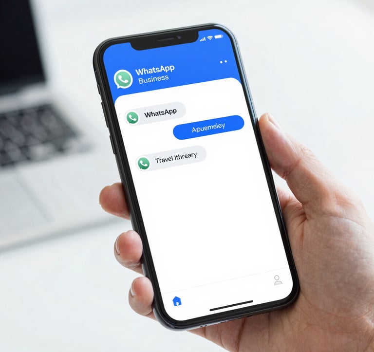 A close-up of a person holding a smartphone, showing a professional WhatsApp Business chat with an automated travel itinerary. Clean, high-tech interface, bright and modern lighting featuring #2C7DA0 and #F9FBFB colors.