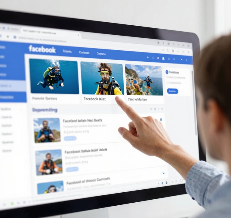 A professional digital marketer pointing at a dashboard of Facebook Ad metrics. On the screen, photos of scuba diving and adventure tourism perform highly. The scene is bright and energetic with clean white walls and blue accents.