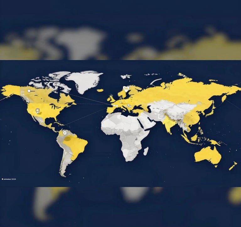 A stylized 3D map with markers and digital connections representing targeted social media marketing across different travel destinations. Sleek, professional aesthetic using the brand palette colors #0F2C3D and #E0B95B.