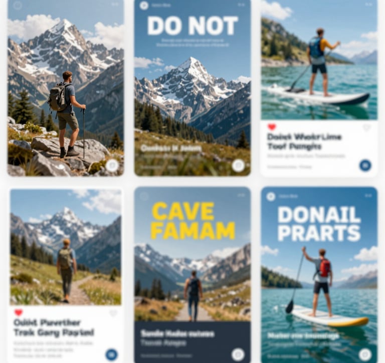 A collage of high-converting social media ad posters for travel agencies: one featuring a luxury mountain trek, another showing a watersports package. Professional graphic design style with bold typography.