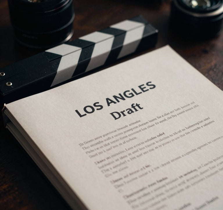 A close-up photograph of a professional screenplay binder with Los Angeles and Draft clearly visible on the cover. Dramatic film noir lighting with high contrast, deep slate and off-white tones, set in a creative studio environment in the US.