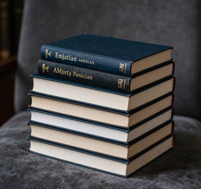 A sophisticated still life photography of a stack of hardcover books with elegant typography on the spines, resting on a charcoal grey velvet surface. The lighting is cinematic and moody with deep shadows and soft off-white highlights, North American library setting.