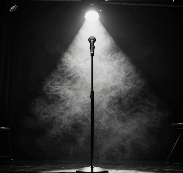 A high-contrast black and white photography shot of a professional stand-up comedy microphone stand on a dark stage in a Los Angeles club, with a singular bright spotlight creating a halo effect in a smoke-filled room, capturing a cinematic and moody atmosphere.