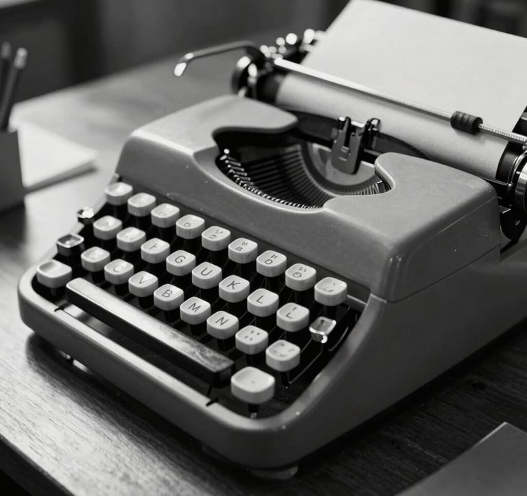 A close-up, high-contrast black and white photograph of a vintage typewriter on a dark wooden desk in a sunlit Los Angeles office. Sharp shadows, elegant composition, capturing a professional writer's workspace with a cinematic feel.