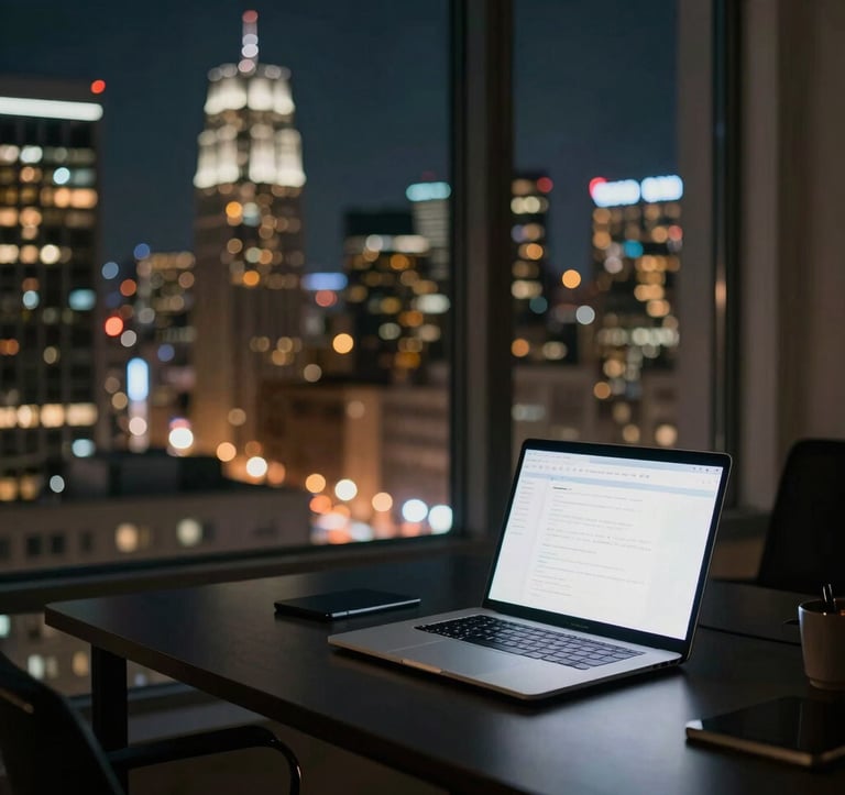 Photography of a contemporary screenwriter's workspace at night in a Los Angeles high-rise. Blurred city lights in off-white and amber are visible through the window, with a glowing laptop screen casting a cool light on a dark desk, North American / US urban aesthetic.