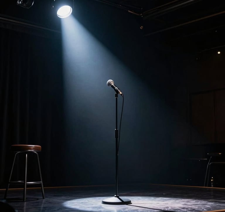 A dimly lit comedy club stage in a North American / US city. A single microphone on a stand sits under a sharp, dramatic spotlight. The atmosphere is moody and cinematic with dark navy shadows and silver highlights.