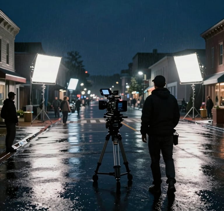 A wide-angle, cinematic photograph of a film set in a rainy North American street at night, with bright production lights casting long shadows and creating a high-contrast aesthetic, focusing on the silhouette of a crew member behind a camera, in shades of navy and grey.