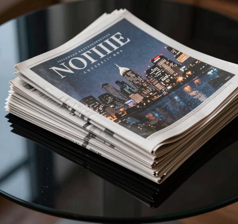 A close-up, cinematic photograph of a stack of prestigious literary journals and newspapers resting on a sleek black glass table, with the reflection of a modern North American city skyline at night visible in the surface, using a dark mode palette of navy and anti-flash white.
