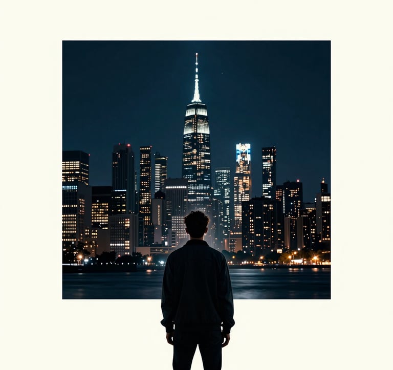 A high-contrast, cinematic book cover aesthetic featuring a lone figure looking at a futuristic North American city skyline at night. Dark blue atmosphere with sharp off-white highlights, moody and professional photography style.