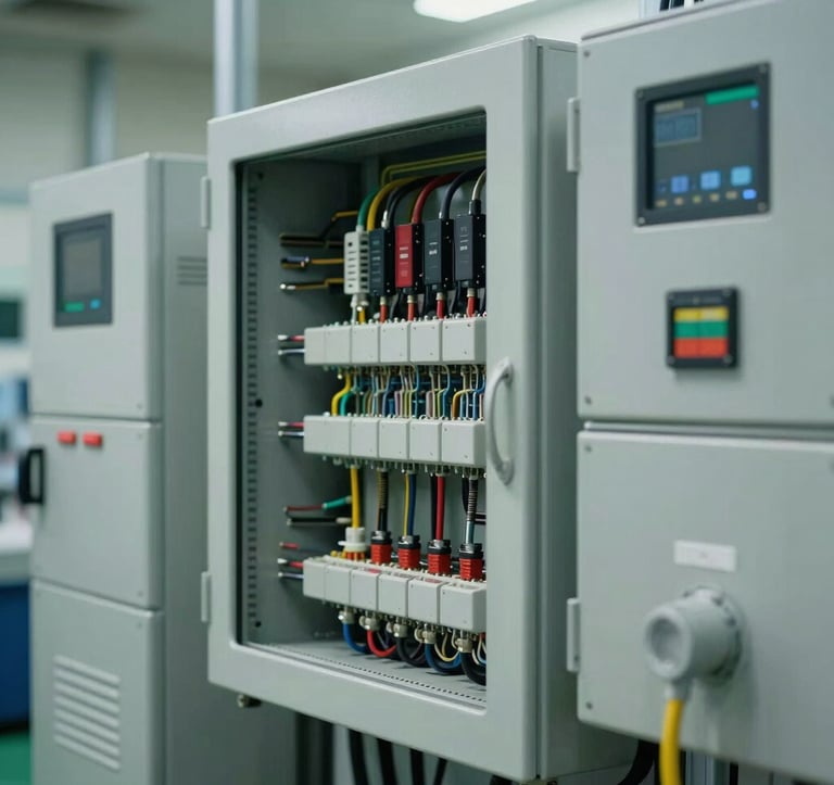 A detailed shot of electrical instrumentation and control systems inside a Malaysian commercial facility. The lighting is crisp and technical, highlighting modern circuitry and professional installation standards.