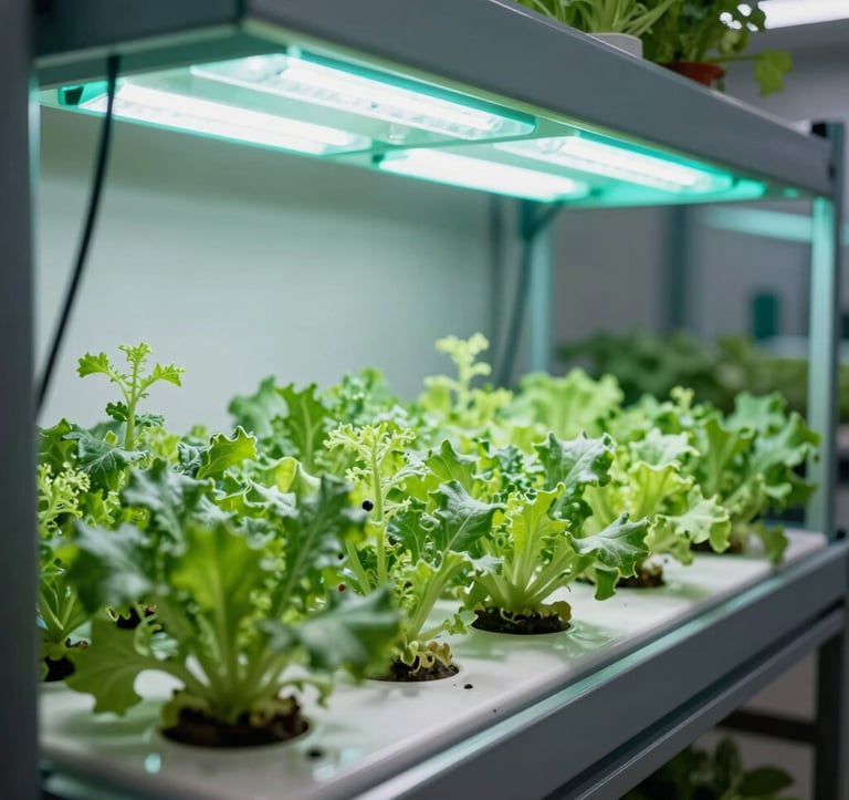 A sophisticated indoor hydroponic and aqua system setup in a Southeast Asian facility, showing vibrant green crops under specialized teal-colored lighting, illustrating advanced agricultural technology.