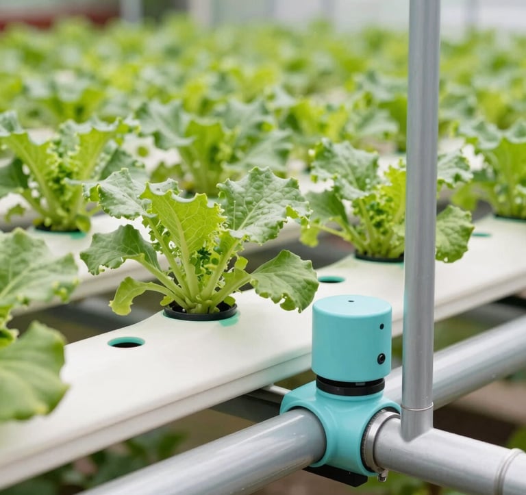 Close-up of a modern Southeast Asian hydroponic farm with vibrant green plants and clean white piping systems. Bright natural daylight illuminates the innovative agricultural setting, using seafoam and light blue accents in the equipment design.