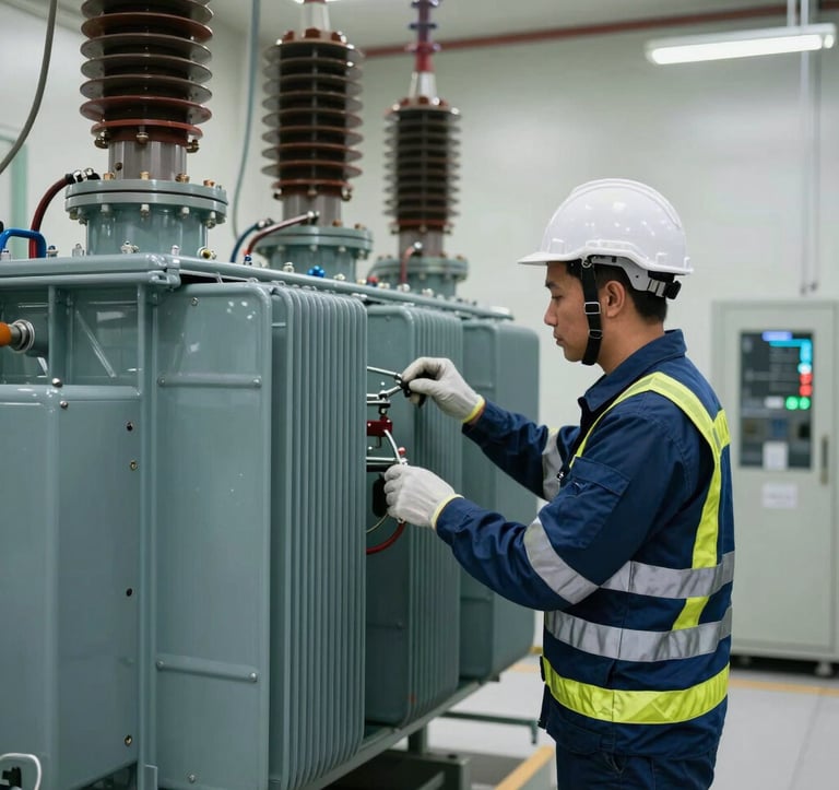 A professional Southeast Asian electrical engineer in safety gear performing a maintenance check on a large industrial transformer. The setting is a clean, modern electrical substation in Malaysia. The composition uses cool navy and slate blue tones to reflect reliability and expertise.