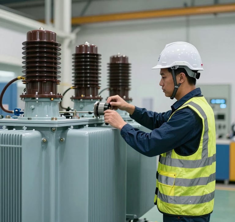 A professional Southeast Asian engineer in a safety helmet and reflective vest working on a large industrial electrical transformer. The setting is a clean, modern facility with steel blue gray and soft ice blue equipment, capturing a moment of high-precision technical service.