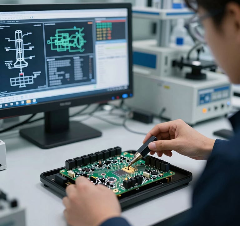 A close-up of a high-tech R&D laboratory workstation in Malaysia, featuring digital schematics on a screen and a prototype circuit board, professional lighting with a focus on precision and innovation.
