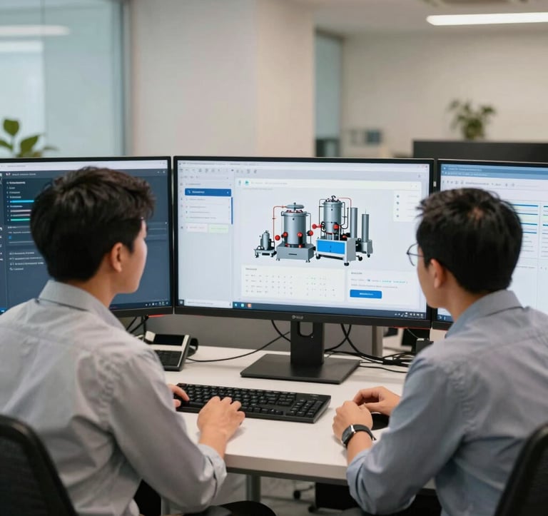 A collaborative scene in a software development studio in Malaysia. Two Southeast Asian professionals discuss UI/UX designs for a new industrial application on large monitors. The office is modern, decorated with off-white and light blue, reflecting a commitment to pioneering R&D.