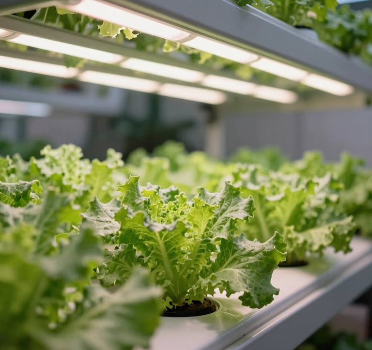 A close-up of a high-tech vertical hydroponic farm in Malaysia. Lush green vegetables grow under specialized pale seafoam green and soft white LED lights. The composition is clean and modern, showcasing advanced agricultural technology for sustainable food production.