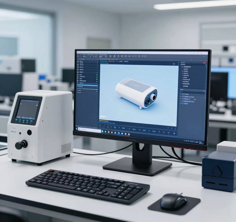 A bright, modern R&D lab in Southeast Asia. A high-performance computer monitor displays 3D product modeling software. On the desk are precision instruments and a sleek prototype, with a color palette of deep navy blue and pale sky white reflecting a clean tech environment.