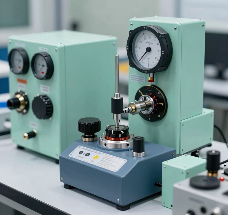 A detailed shot of specialized engineering instrumentation and control systems being calibrated in a high-tech workshop. The lighting is crisp, highlighting the precision of the tools. The aesthetic is clean and innovative with a palette of seafoam green and slate blue.