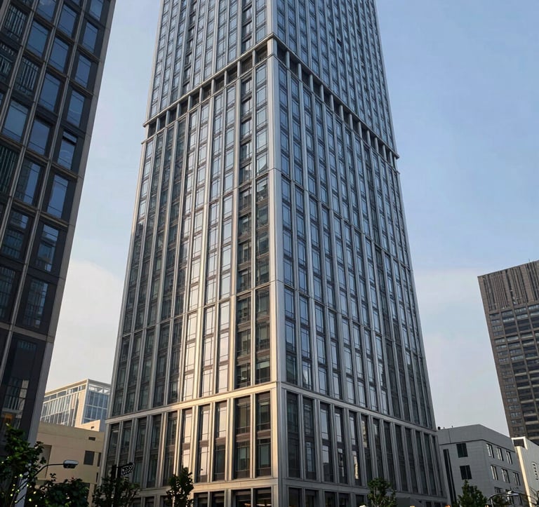 A high-end commercial property in a North American / US central business district, featuring contemporary steel and glass architecture. The lighting is crisp morning daylight, emphasizing professional growth and strategic long-term value.