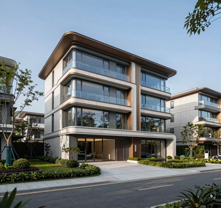 A sleek, modern luxury residential property in a prestigious North American neighborhood. The architecture features large glass panels and clean lines, surrounded by manicured landscaping under a clear blue sky.