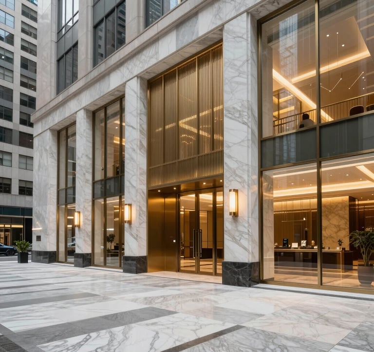 A wide photography shot of a luxury commercial property foyer in a US business district. The style is modern and sophisticated, featuring clean marble lines, glass walls, and warm gold lighting accents.