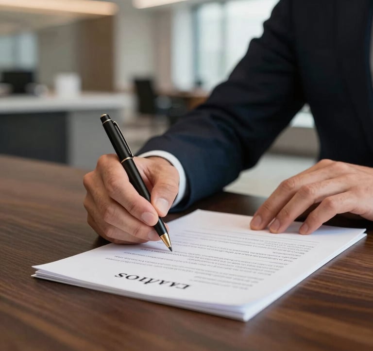 A close-up photograph of professional hands signing a real estate contract on a dark wood table. A blurred modern North American office interior is in the background. Lighting is focused and sophisticated, highlighting trust and professionalism.