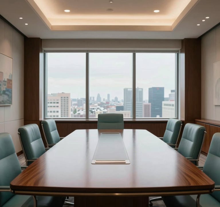 The interior of a luxurious North American executive boardroom with a large polished wood table and soft teal accents. A large window looks out onto a serene city view, conveying trust, sophistication, and professional success.