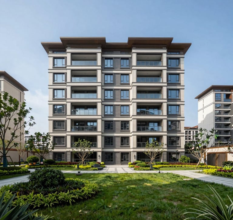 A sharp, professional photograph of a modern residential development in the United States. Sunny day lighting with clear skies, highlighting clean lines and high-value architectural design. Foreground features manicured landscaping in a sophisticated North American setting.