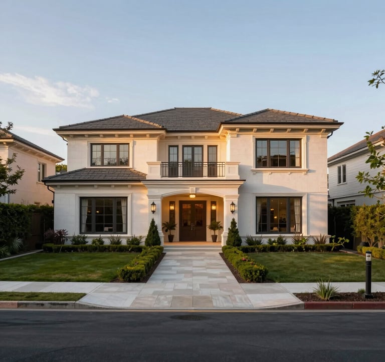 A wide photography shot of a high-value residential estate in a prestigious North American / US neighborhood. Elegant architecture, manicured landscaping, and soft golden hour lighting create an aura of wealth and security.