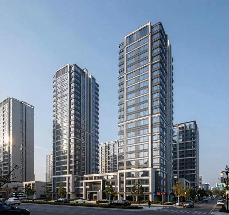A professional architectural photo of a modern mixed-use development in an emerging North American urban district. The composition highlights the innovative design and premium materials, set against a clear blue sky, suggesting growth and prosperity.