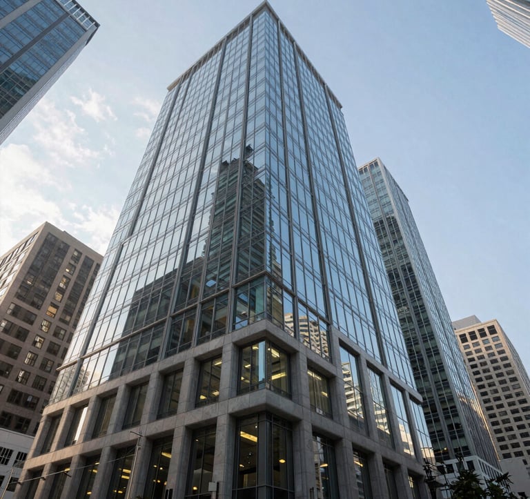 A low-angle shot of a contemporary glass office building in a bustling North American business district. The lighting is crisp and natural, highlighting the sophisticated professional environment of high-value commercial real estate.
