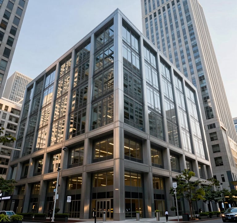 A sharp, daylight photograph of a corporate office plaza in a major US metropolitan area. The architecture is bold and contemporary, featuring steel accents and reflective surfaces. The environment is clean and professional, with a focus on institutional-grade real estate quality.