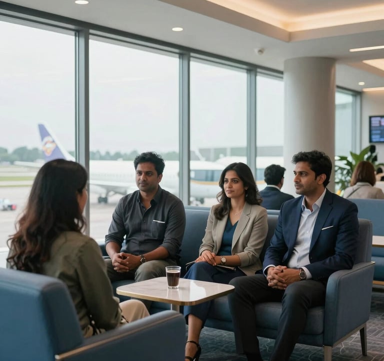 A clean, professional interior shot of a luxury airport lounge featuring South Asian / Indian travelers. Large glass windows show a bright airfield. The interior design uses medium blue and light gray accents with soft, inviting lighting.