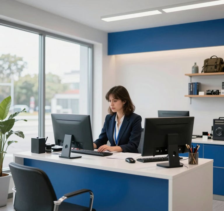 An interior shot of a modern, professional travel agency office with large windows. The lighting is bright and airy, with soft white and royal blue accents in the decor. A sense of trust and organization is conveyed.