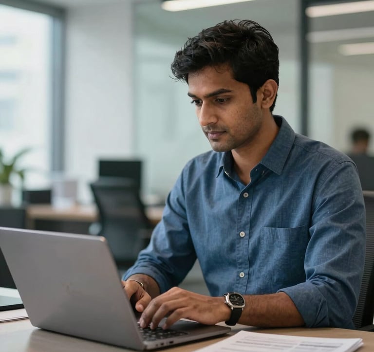A professional South Asian travel consultant in a modern Mumbai office, using a laptop to organize flight itineraries. The environment is clean and trustworthy, with accents of medium blue and grey.