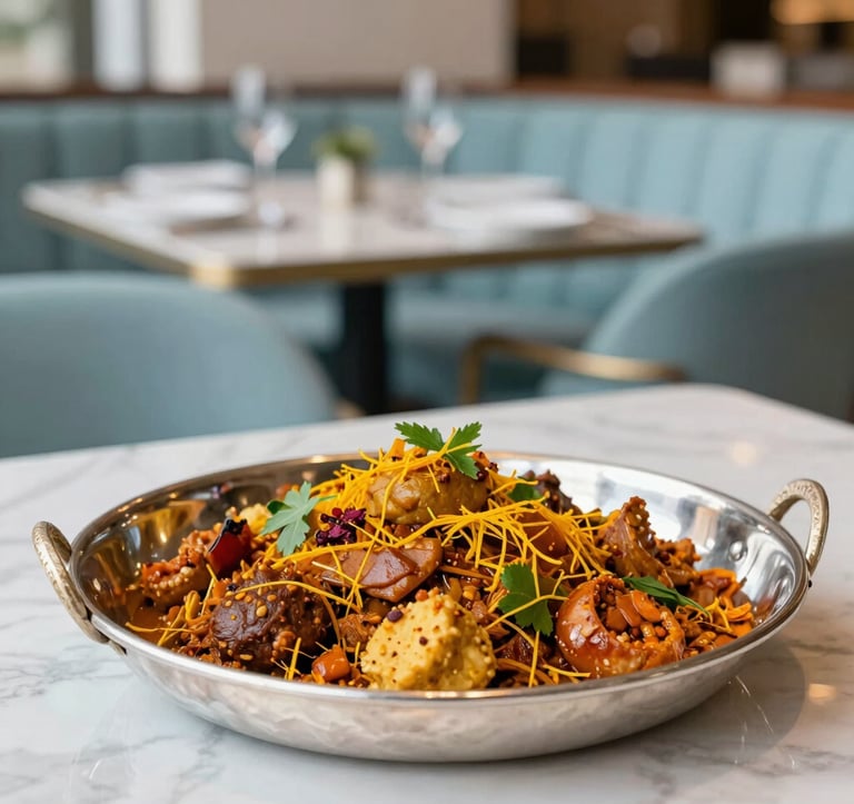 A high-end culinary photograph of traditional Indian cuisine served on a silver platter in a luxury setting. The dish is colorful with saffron and herbs, set against a blurred background of a sophisticated Mumbai dining room with light blue accents.