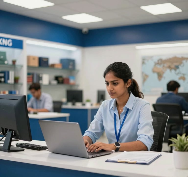 A wide shot of a modern, professional travel agency office interior with blue and white accents. A South Asian / Indian travel consultant is sitting at a clean desk with a laptop, looking professional and ready to assist, blurred office background.
