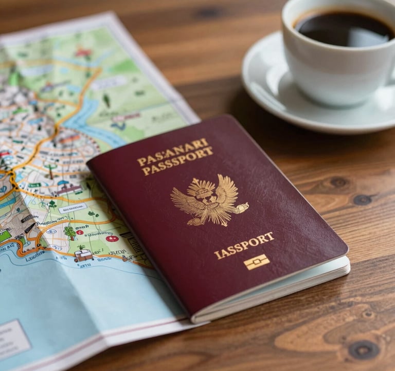 A close-up photograph of a travel map and an Indian passport resting on a wooden table next to a cup of coffee, with soft natural lighting and a warm, inviting atmosphere representing trip planning.