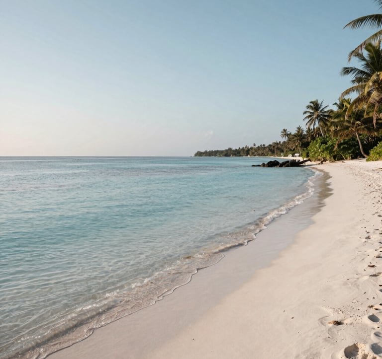 A stunning landscape photograph of a tropical beach destination with crystal clear blue water and white sand. The lighting is soft morning sun. The colors emphasize light blue and pale grey tones, representing a dream holiday package.