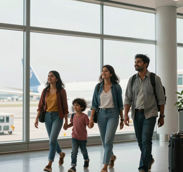A candid, joyful photograph of a South Asian family at a modern airport terminal. They are walking towards a large window looking out at aircraft. The lighting is natural and bright, highlighting a feeling of excitement.
