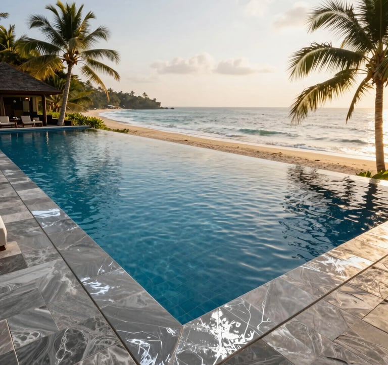 A high-end luxury resort infinity pool overlooking a tropical beach in South Asia. The scene features deep navy blue water and silver gray stone tiling. The lighting is golden hour, warm and inviting.