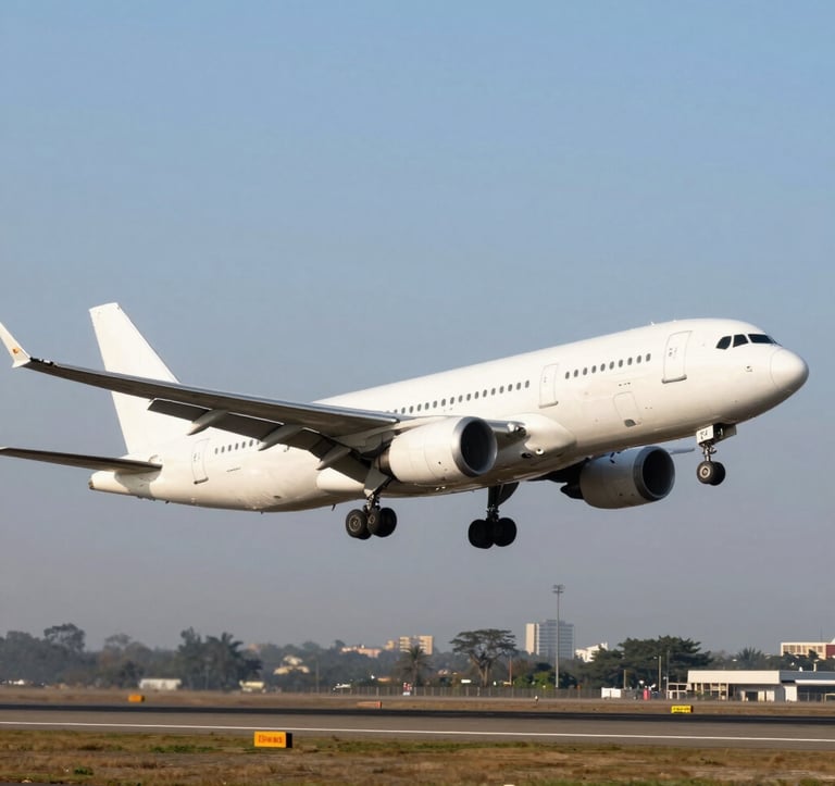 A side-profile photography shot of a large commercial aircraft taking off from an airport in Mumbai, with the city's coastal skyline faintly visible in the background under a clear sky-blue afternoon sun.
