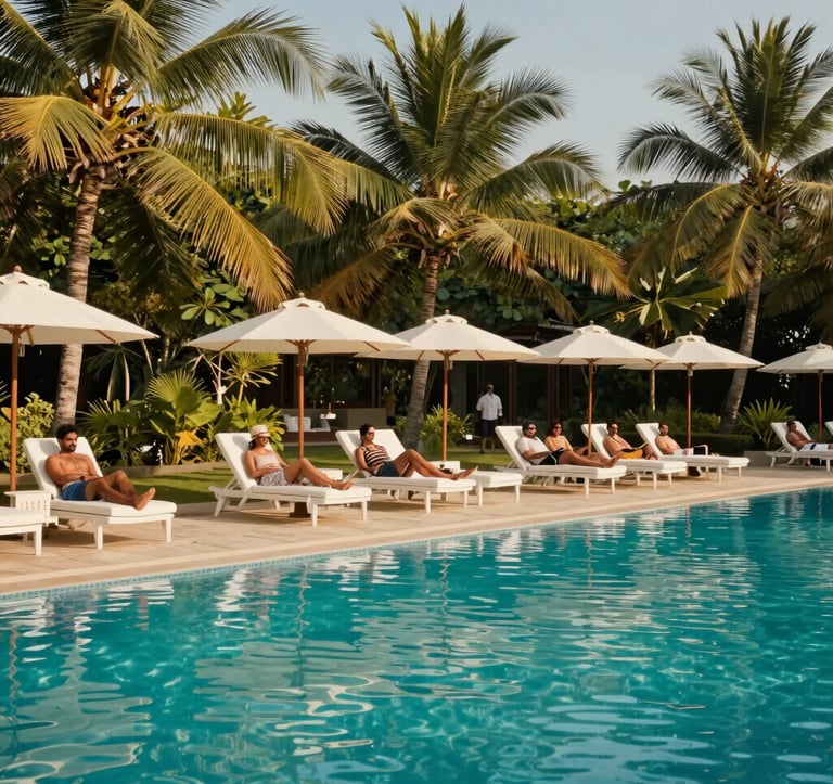 A high-end luxury resort scene in a tropical setting, featuring a serene turquoise swimming pool and palm trees. South Asian / Indian guests are relaxing in white lounge chairs under the warm sun, professional travel photography style.