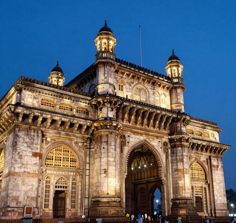 A vibrant high-resolution photograph of the illuminated Gateway of India in Mumbai at dusk. The architectural detail is sharp against a deep blue evening sky, with professional lighting creating a warm off-white glow on the stone.