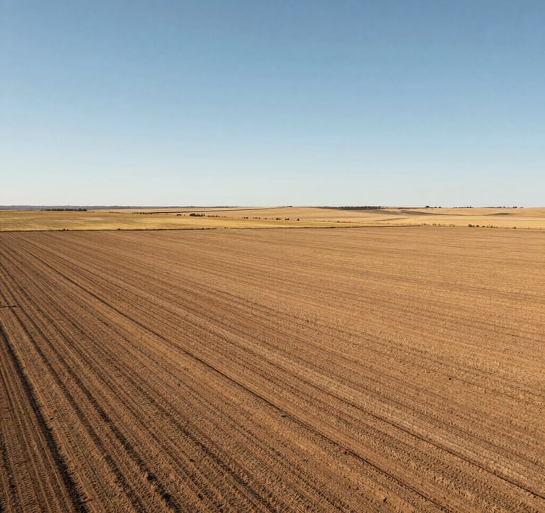 A vast, sun-drenched rural landscape in the Santa Fe province pampas, showing a clean plot of land ready for development. The horizon is wide, under a clear light blue sky. Professional real estate photography style.