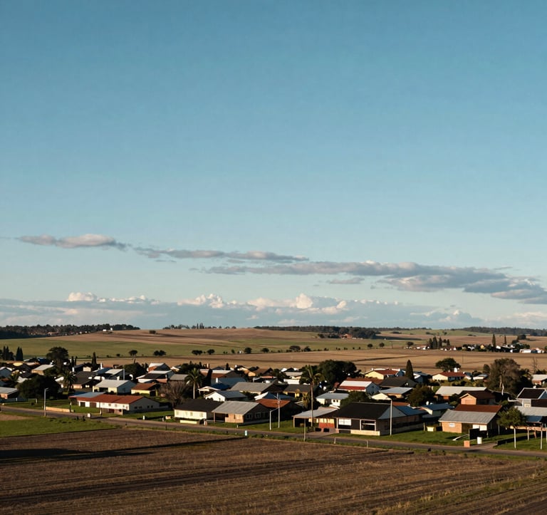 A wide-angle landscape shot of fertile agricultural land or a spacious suburban lot in Capitán Bermúdez. Blue sky with soft clouds, conveying opportunity and peace. South American / Argentinian countryside.
