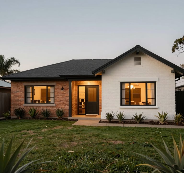 External view of a beautiful South American / Argentinian family house with a brick facade and modern finishes. A well-kept lawn in the foreground and warm lighting suggesting a welcoming home environment. Palette of charcoal and off-white.