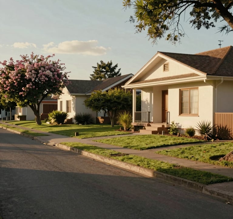 A peaceful residential street in Granadero Baigorria, featuring well-maintained houses with green lawns and flowering trees. Warm afternoon light. South American / Argentinian neighborhood feel.