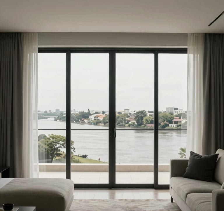 Interior shot of a luminous, contemporary apartment in Rosario, featuring large windows with a view toward the Paraná river. The decor is sophisticated and minimalist, utilizing off-white and charcoal colors. Professional photography with South American / Argentinian context.